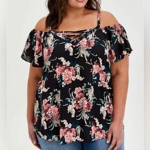 Plus Size Black Floral Cold-Shoulder Top